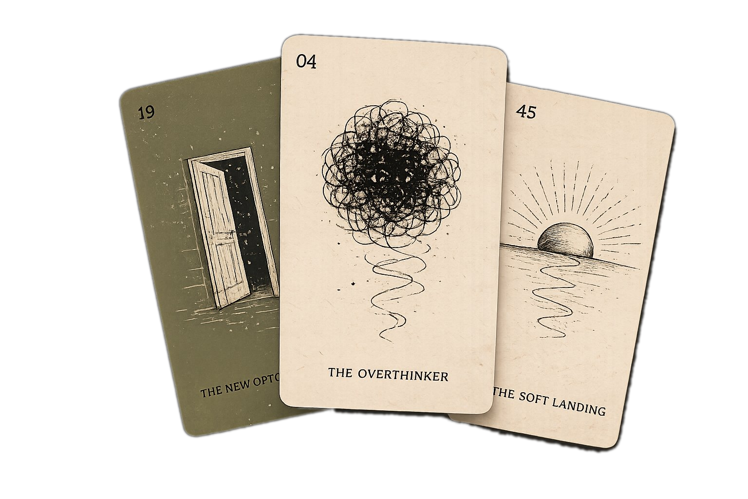 Three tarot cards from the Strange Forecast deck with handwritten notes