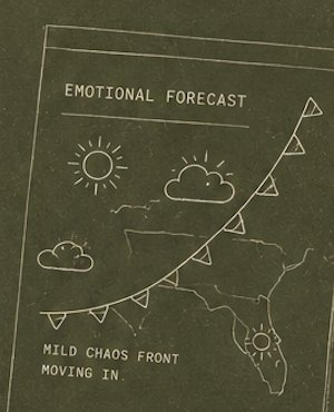 Hand-drawn illustration of an emotional weather forecast with sun, clouds, and bunting
