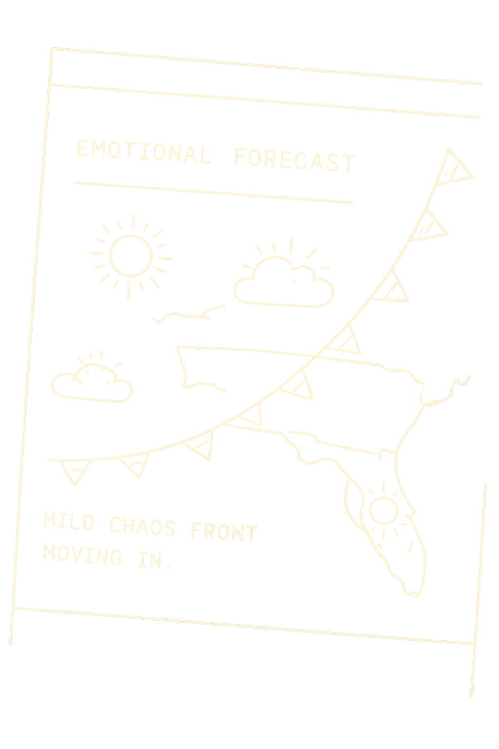 Hand-drawn illustration of an emotional weather forecast with sun, clouds, and bunting