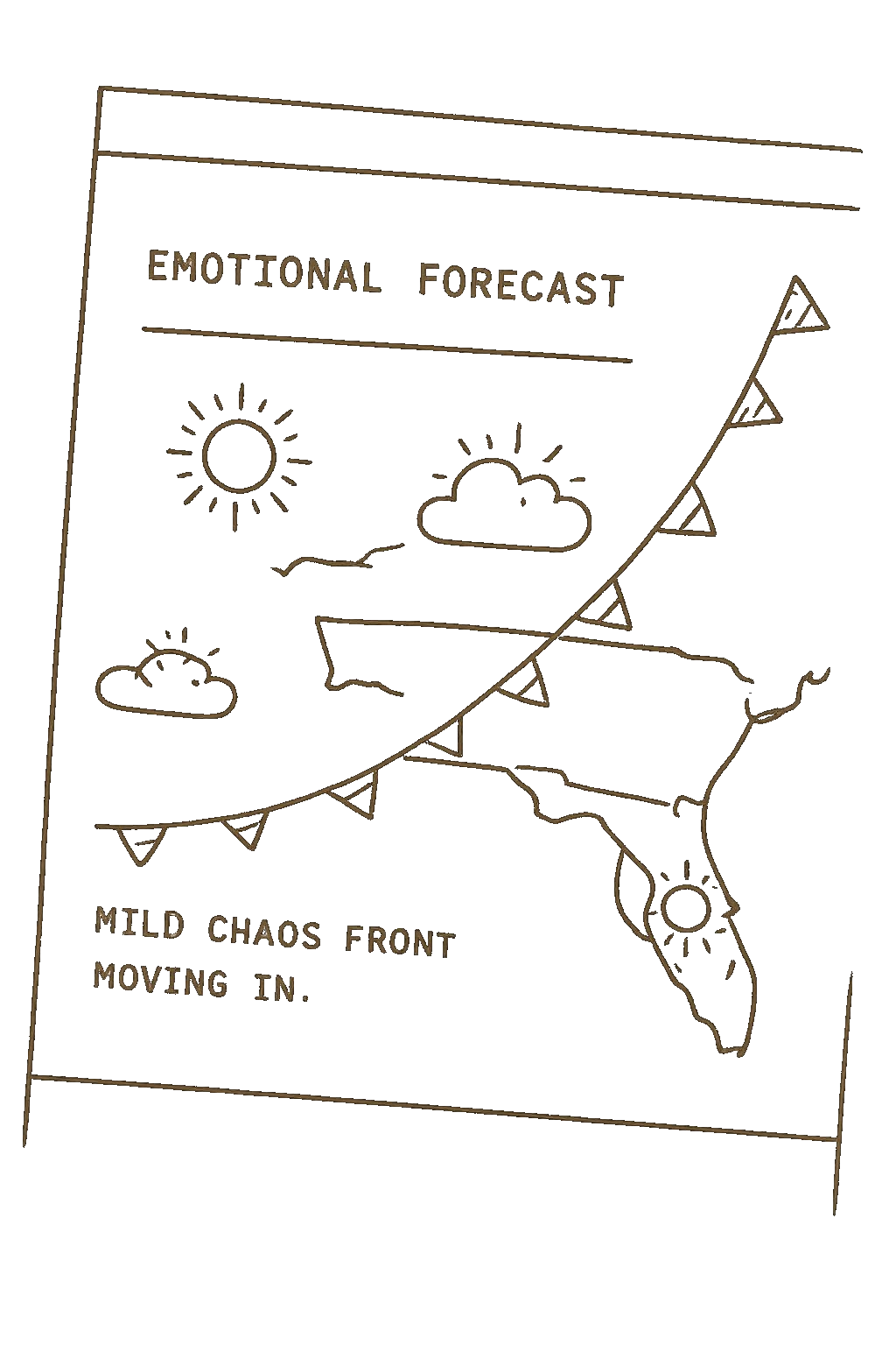 Hand-drawn illustration of an emotional weather forecast with sun, clouds, and bunting